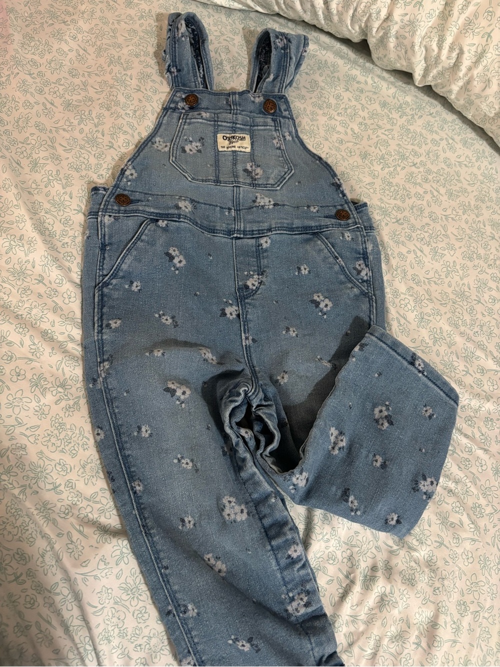 OshKosh B'gosh Light Blue Denim Overalls with Subtle Pink Floral Print